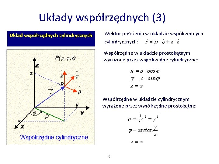 Układy współrzędnych (3) Układ współrzędnych cylindrycznych Wektor położenia w układzie współrzędnych cylindrycznych: Współrzędne w