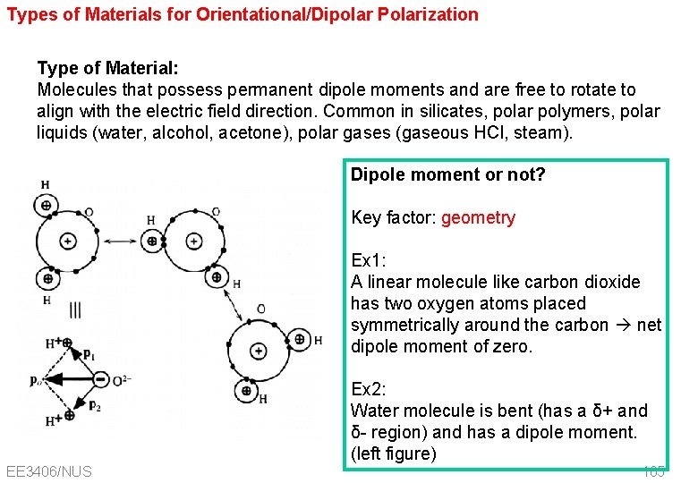 Types of Materials for Orientational/Dipolar Polarization Type of Material: Molecules that possess permanent dipole