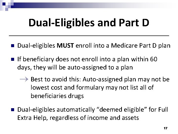 Dual-Eligibles and Part D n Dual-eligibles MUST enroll into a Medicare Part D plan