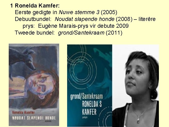 1 Ronelda Kamfer: Eerste gedigte in Nuwe stemme 3 (2005) Debuutbundel: Noudat slapende honde