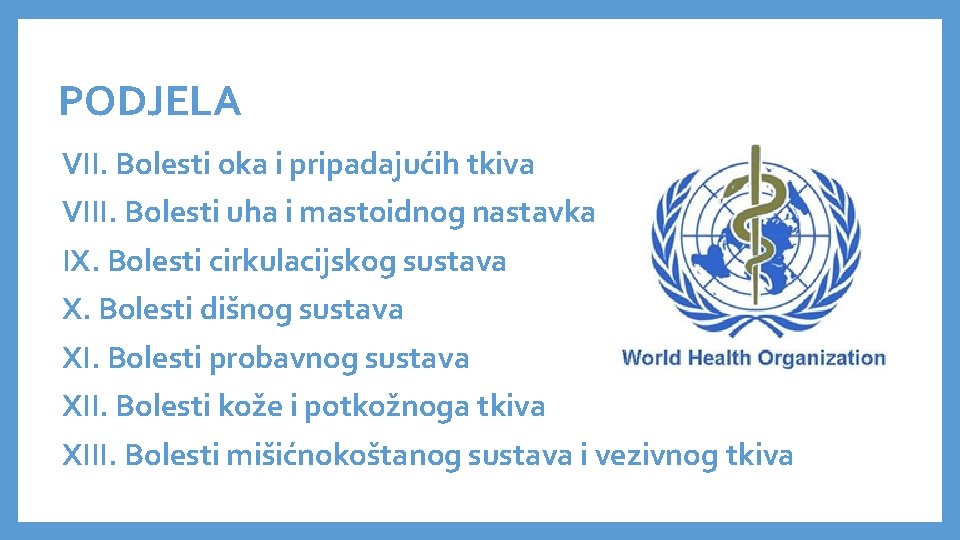 PODJELA VII. Bolesti oka i pripadajućih tkiva VIII. Bolesti uha i mastoidnog nastavka IX.