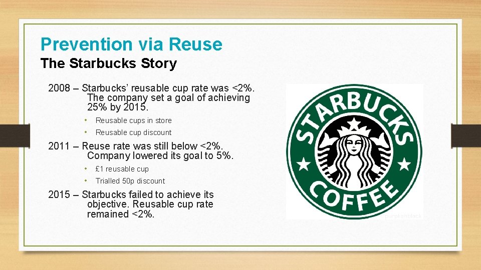 Prevention via Reuse The Starbucks Story 2008 – Starbucks’ reusable cup rate was <2%.