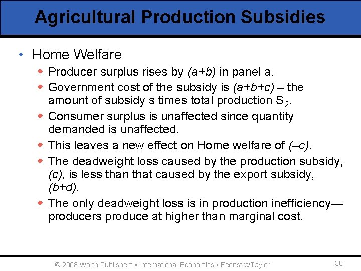 Agricultural Production Subsidies • Home Welfare w Producer surplus rises by (a+b) in panel