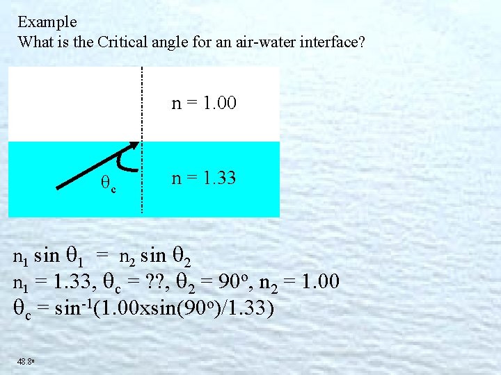 Example What is the Critical angle for an air-water interface? n = 1. 00