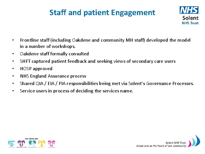 Staff and patient Engagement • • Frontline staff (including Oakdene and community MH staff)