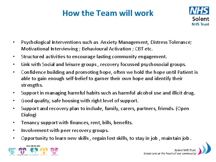 How the Team will work • • • Psychological Interventions such as Anxiety Management,