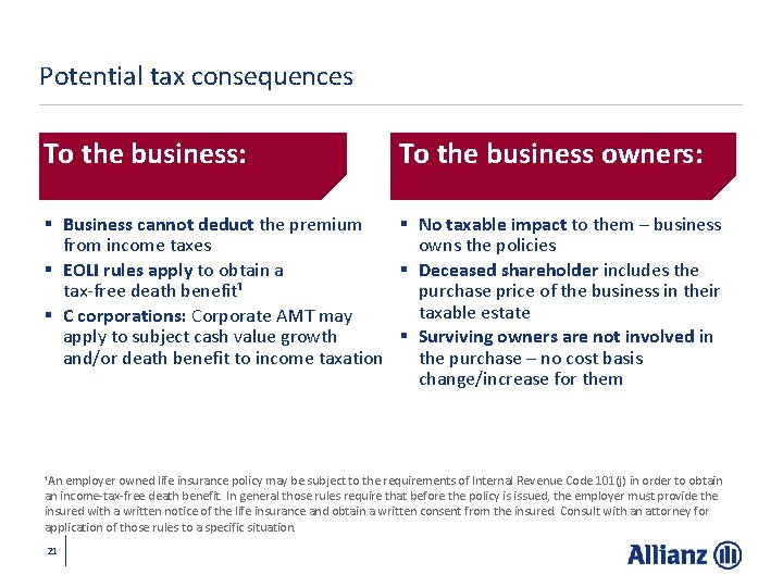 Potential tax consequences To the business: To the business owners: § Business cannot deduct