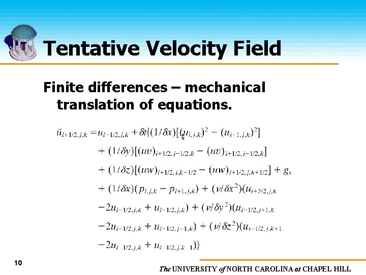 Tentative Velocity Field Finite differences – mechanical translation of equations. 10 The UNIVERSITY of