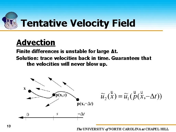 Tentative Velocity Field Advection Finite differences is unstable for large Δt. Solution: trace velocities