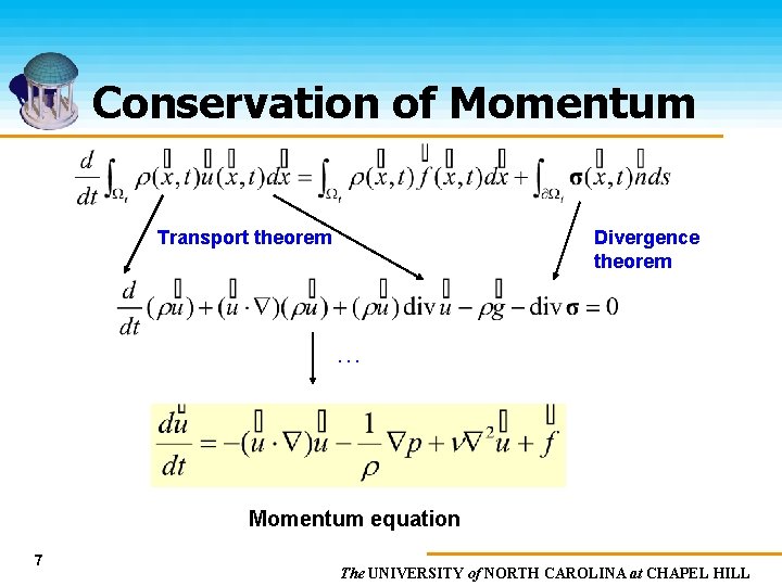 Conservation of Momentum Transport theorem Divergence theorem … Momentum equation 7 The UNIVERSITY of