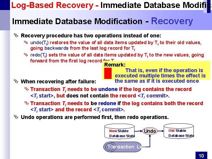 Log-Based Recovery - Immediate Database Modification - Recovery Ê Recovery procedure has two operations Log-Based Recovery - Immediate Database Modification - Recovery Ê Recovery procedure has two operations