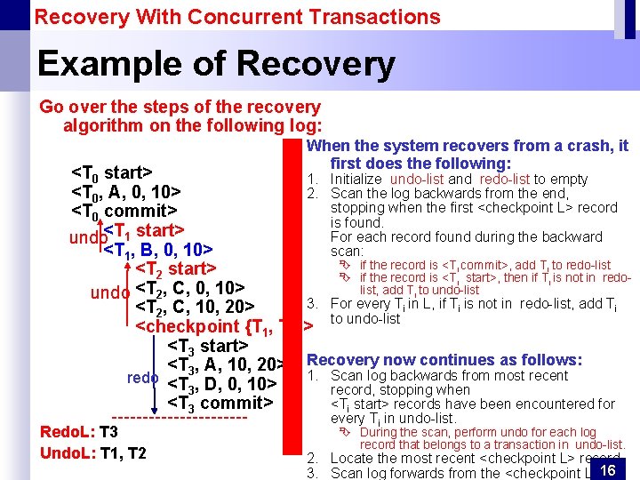 Recovery With Concurrent Transactions Example of Recovery Go over the steps of the recovery