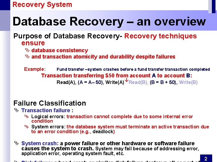 Recovery System Database Recovery – an overview Purpose of Database Recovery- Recovery techniques ensure