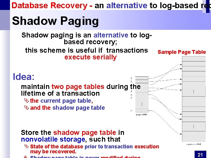 Database Recovery - an alternative to log-based rec Shadow Paging Shadow paging is an