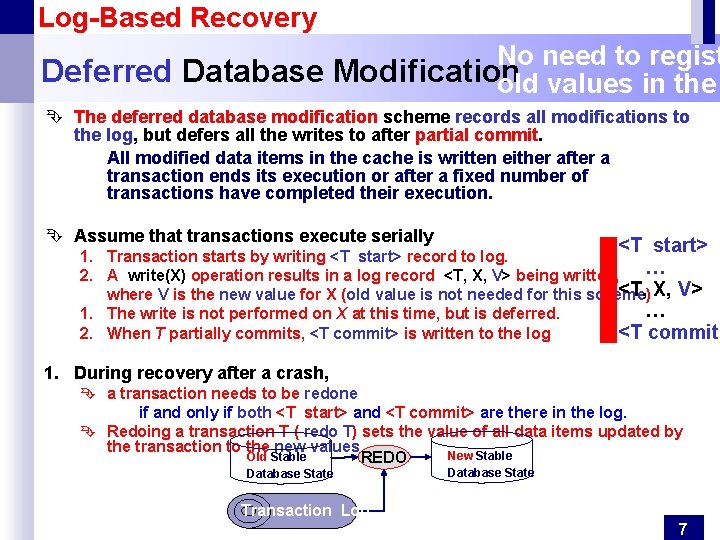 Log-Based Recovery No need to regist Deferred Database Modification old values in the Ê