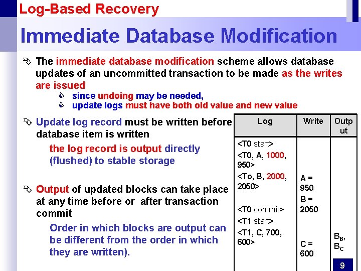 Log-Based Recovery Immediate Database Modification Ê The immediate database modification scheme allows database updates Log-Based Recovery Immediate Database Modification Ê The immediate database modification scheme allows database updates
