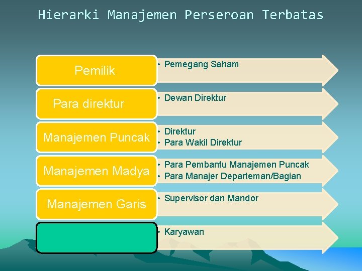 Hierarki Manajemen Perseroan Terbatas Pemilik Para direktur • Pemegang Saham • Dewan Direktur Manajemen Hierarki Manajemen Perseroan Terbatas Pemilik Para direktur • Pemegang Saham • Dewan Direktur Manajemen