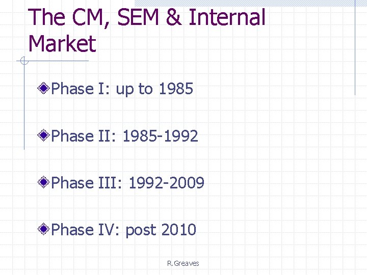 The CM, SEM & Internal Market Phase I: up to 1985 Phase II: 1985