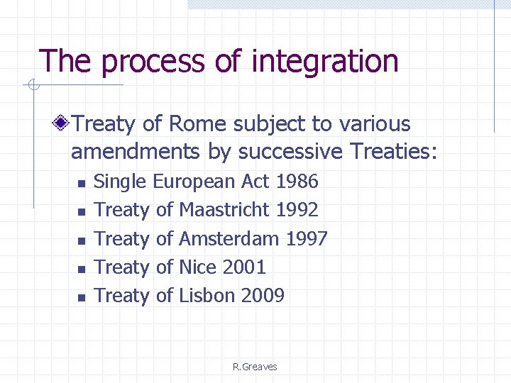 The process of integration Treaty of Rome subject to various amendments by successive Treaties: