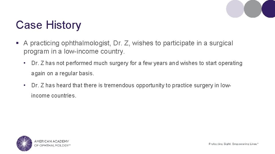 Case History § A practicing ophthalmologist, Dr. Z, wishes to participate in a surgical