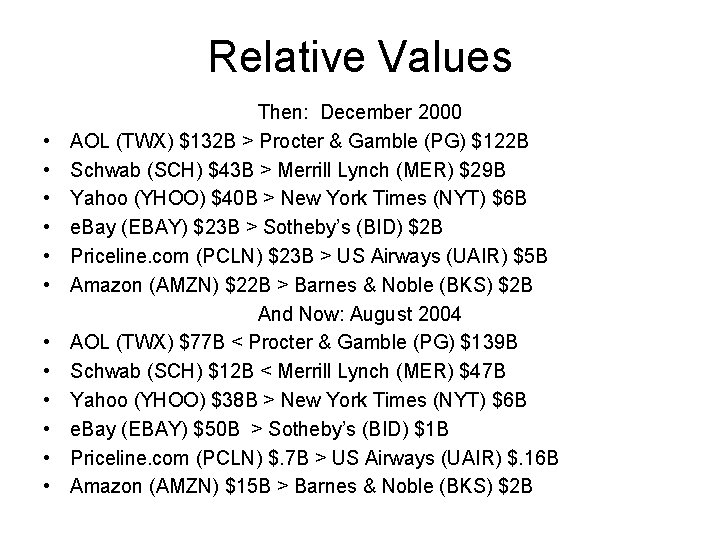 Relative Values • • • Then: December 2000 AOL (TWX) $132 B > Procter