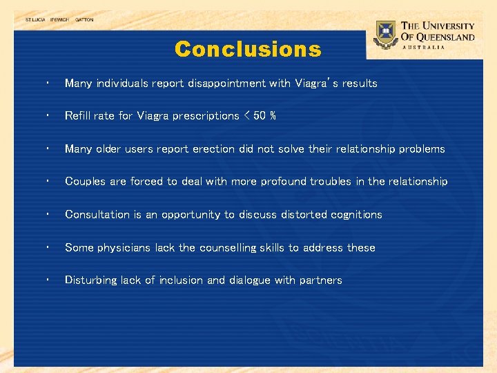 Conclusions • Many individuals report disappointment with Viagra’s results • Refill rate for Viagra