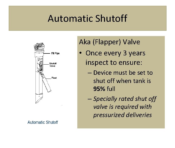 Automatic Shutoff Aka (Flapper) Valve • Once every 3 years inspect to ensure: –