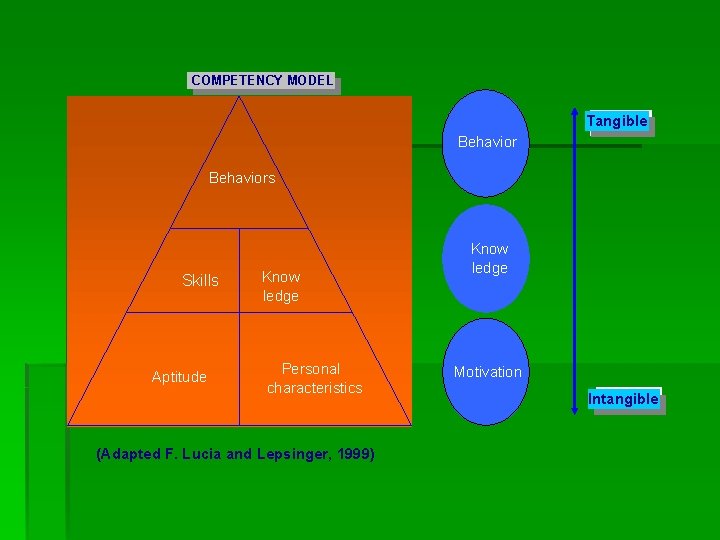 COMPETENCY MODEL Tangible Behaviors Skills Aptitude Know ledge Personal characteristics (Adapted F. Lucia and