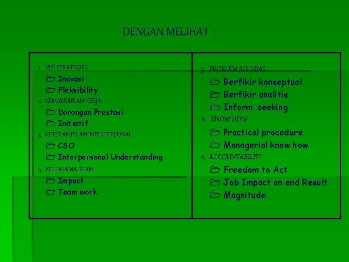 DENGAN MELIHAT : 1. VISI STRATEGIES Inovasi Fleksibility 2. KEMANDIRIAN KERJA Dorongan Prestasi Initiatif