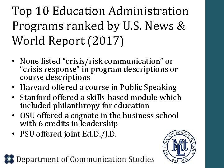 Top 10 Education Administration Programs ranked by U. S. News & World Report (2017)