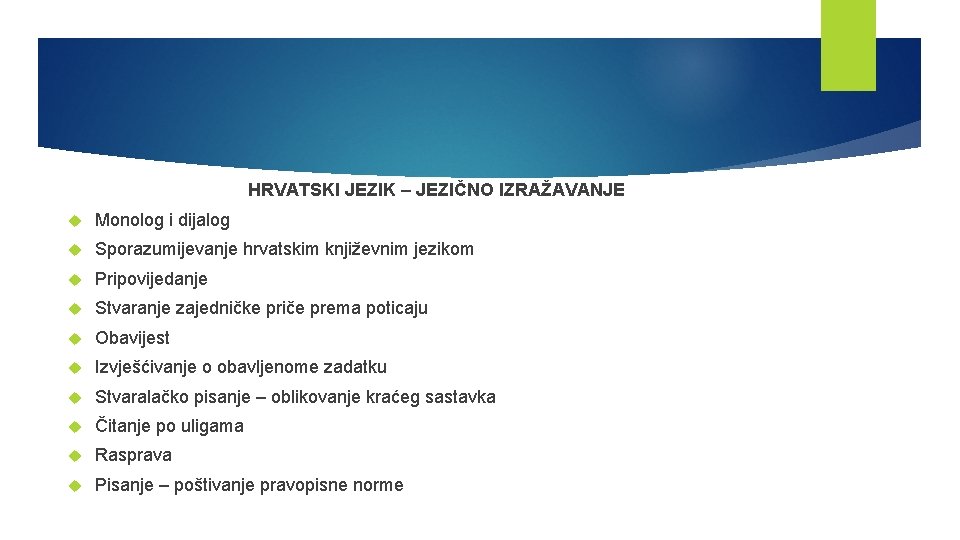 HRVATSKI JEZIK – JEZIČNO IZRAŽAVANJE Monolog i dijalog Sporazumijevanje hrvatskim književnim jezikom Pripovijedanje Stvaranje