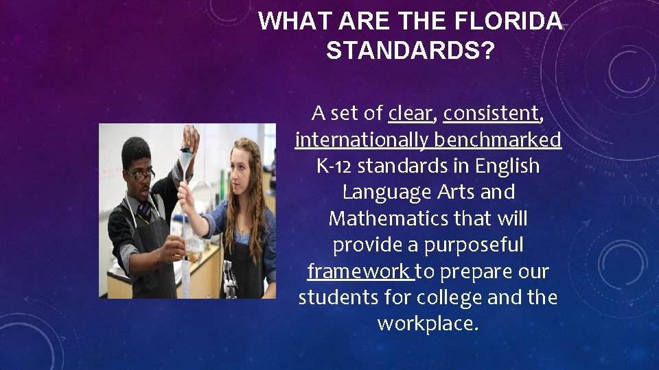 WHAT ARE THE FLORIDA STANDARDS? A set of clear, consistent, internationally benchmarked K-12 standards