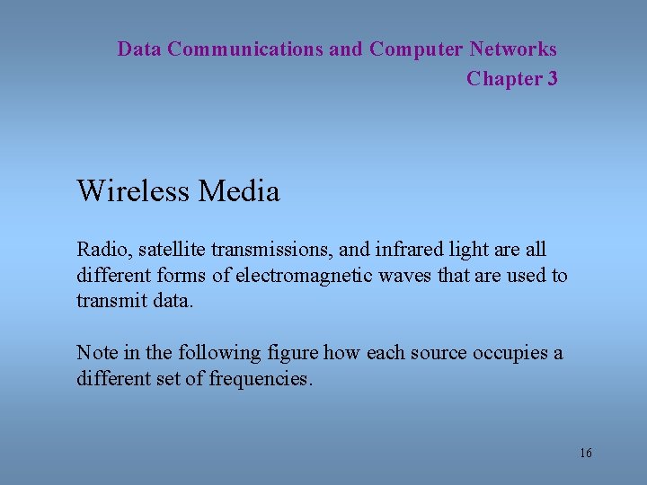 Data Communications and Computer Networks Chapter 3 Wireless Media Radio, satellite transmissions, and infrared