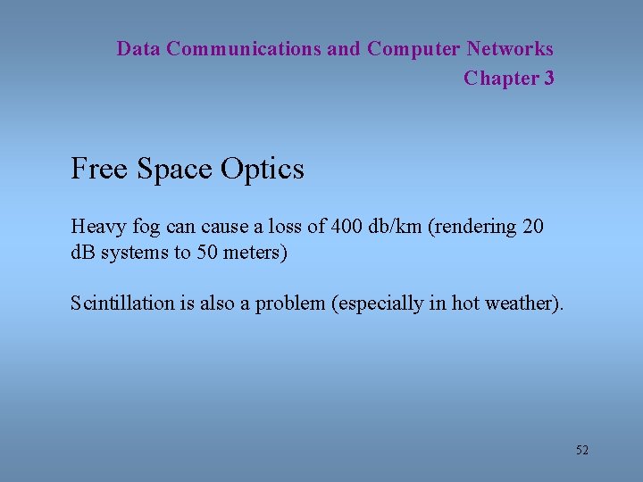 Data Communications and Computer Networks Chapter 3 Free Space Optics Heavy fog can cause