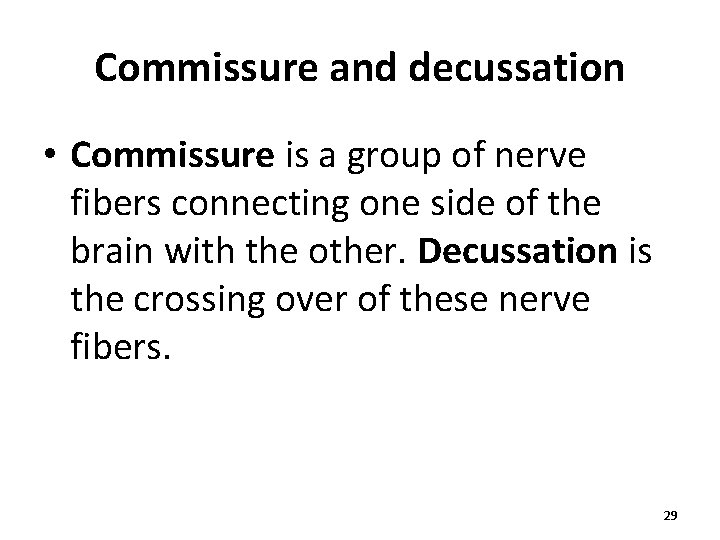 Commissure and decussation • Commissure is a group of nerve fibers connecting one side