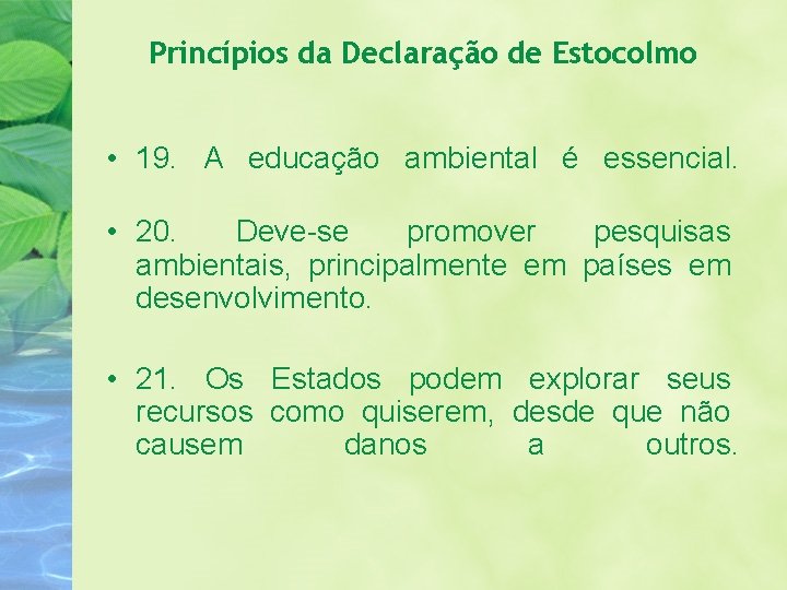 Princípios da Declaração de Estocolmo • 19. A educação ambiental é essencial. • 20.