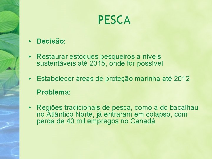 PESCA • Decisão: • Restaurar estoques pesqueiros a níveis sustentáveis até 2015, onde for