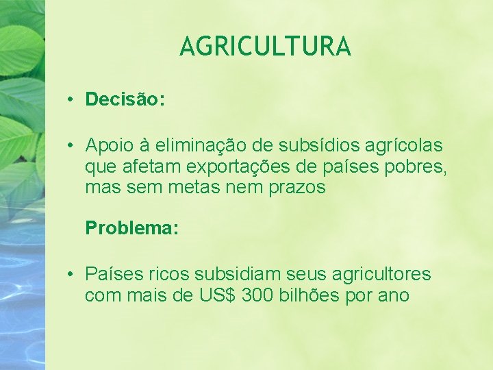 AGRICULTURA • Decisão: • Apoio à eliminação de subsídios agrícolas que afetam exportações de