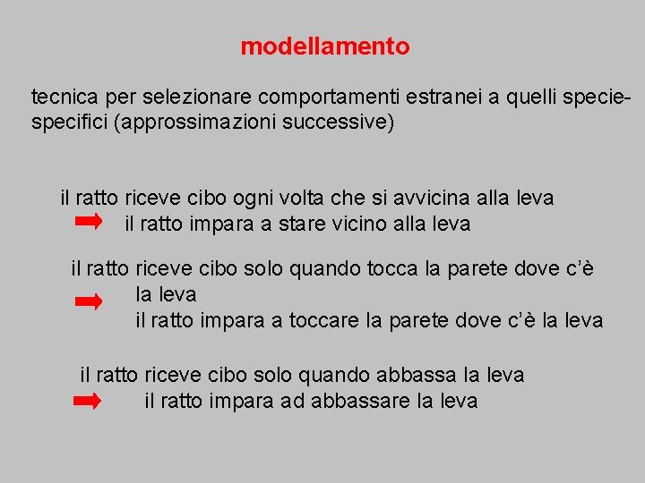 modellamento tecnica per selezionare comportamenti estranei a quelli speciespecifici (approssimazioni successive) il ratto riceve