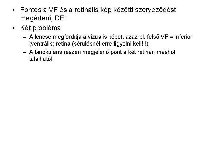  • Fontos a VF és a retinális kép közötti szerveződést megérteni, DE: •