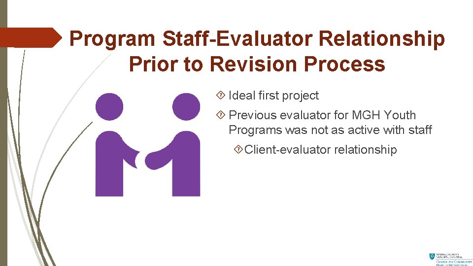 Program Staff-Evaluator Relationship Prior to Revision Process Ideal first project Previous evaluator for MGH