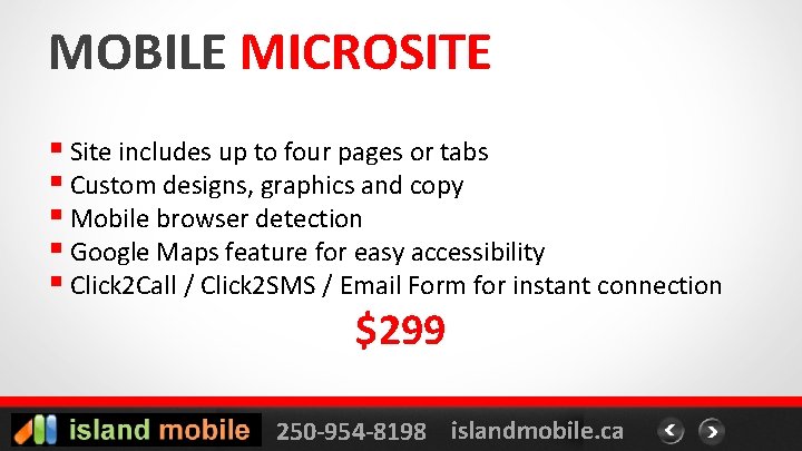 MOBILE MICROSITE § Site includes up to four pages or tabs § Custom designs,