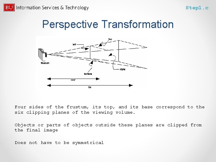 Step 1. c Perspective Transformation Four sides of the frustum, its top, and its