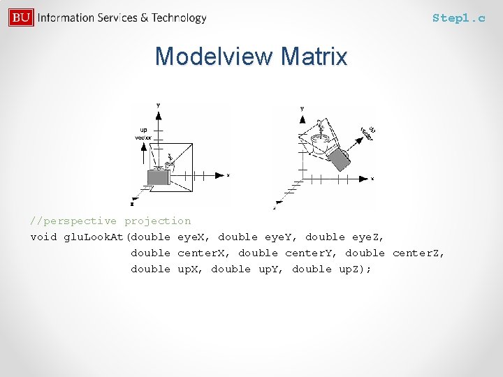 Step 1. c Modelview Matrix //perspective projection void glu. Look. At(double eye. X, double