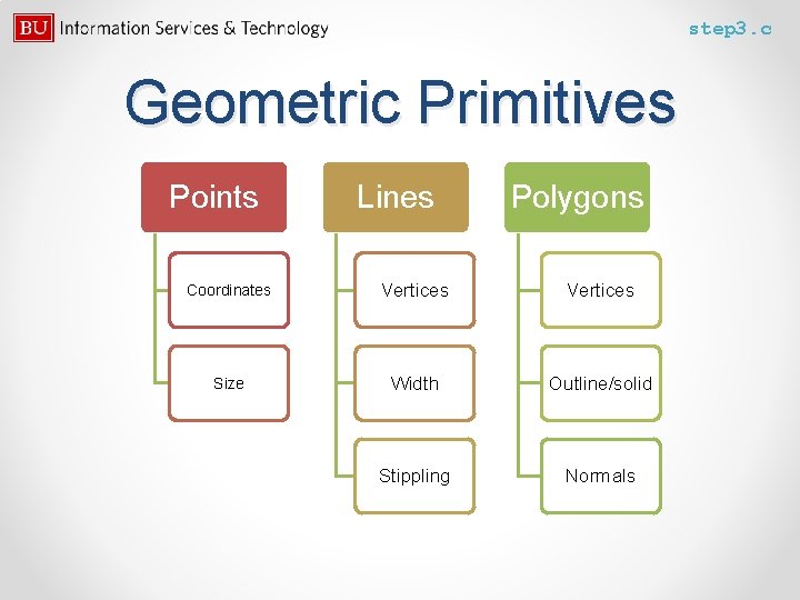 step 3. c Geometric Primitives Points Lines Polygons Coordinates Vertices Size Width Outline/solid Stippling