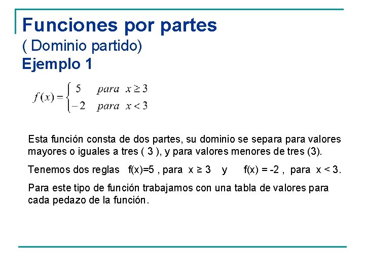 Funciones por partes ( Dominio partido) Ejemplo 1 Esta función consta de dos partes,