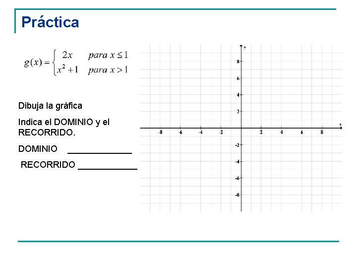 Práctica Dibuja la gráfica Indica el DOMINIO y el RECORRIDO. DOMINIO _______ RECORRIDO ______