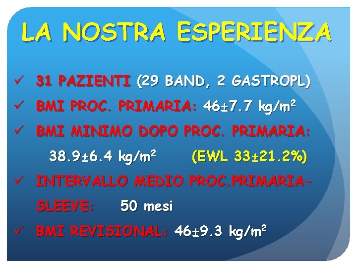 LA NOSTRA ESPERIENZA ü 31 PAZIENTI (29 BAND, 2 GASTROPL) ü BMI PROC. PRIMARIA: