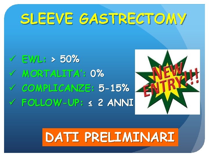 SLEEVE GASTRECTOMY ü EWL: > 50% ü MORTALITA’: 0% ü COMPLICANZE: 5 -15% ü