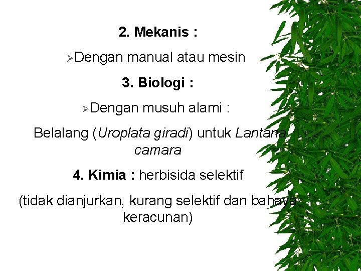 2. Mekanis : ØDengan manual atau mesin 3. Biologi : ØDengan musuh alami :